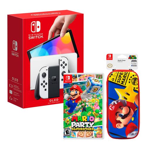 Consola Nintendo Switch Modelo Oled Blanco + Mario Superstar + Estuche Premium Vault Super Mario