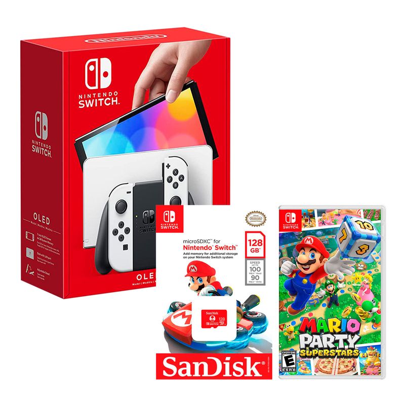 Consola-Nintendo-Switch-Modelo-Oled-Blanco---Mario-Party-Superstar---Micro-SD-128-GB-Edicion-Mario