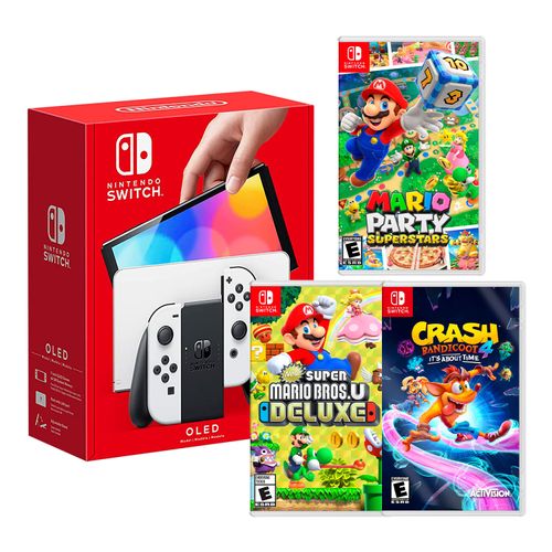 Consola Nintendo Switch Modelo Oled Blanco + Mario Superstar + Super Mario Bros + Crash Bandicoot