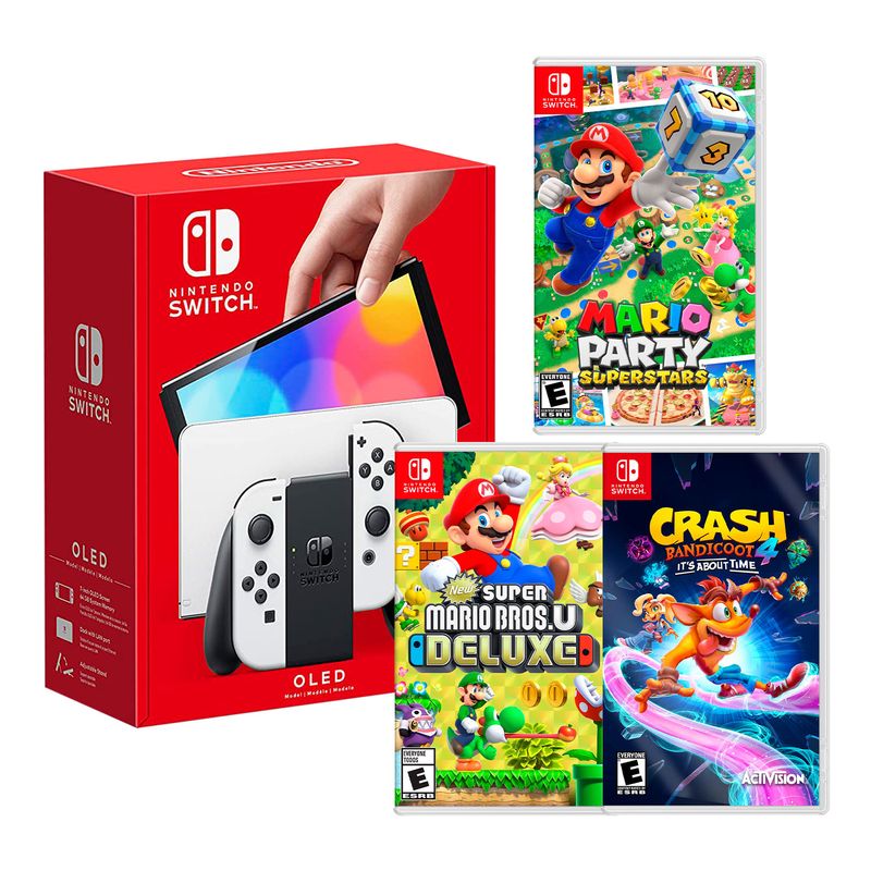 Consola-Nintendo-Switch-Modelo-Oled-Blanco---Mario-Superstar---Super-Mario-Bros---Crash-Bandicoot