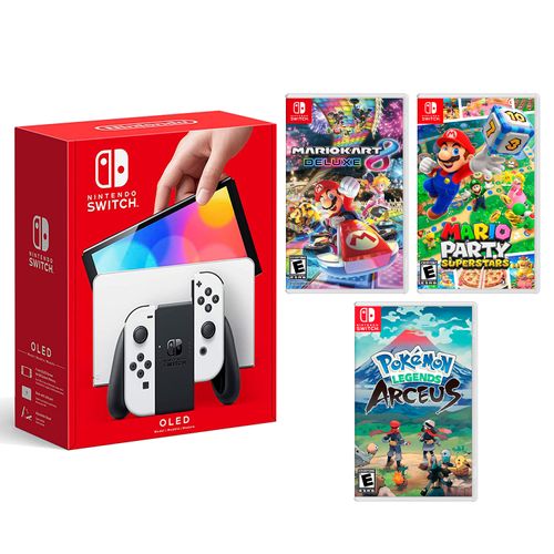 Consola Nintendo Switch Modelo Oled Blanco + Mario Kart 8 + Mario Superstar + Pokémon Arceus