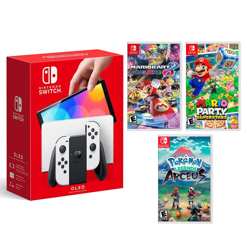 Consola-Nintendo-Switch-Modelo-Oled-Blanco---Mario-Kart-8---Mario-Superstar---Pokemon-Arceus