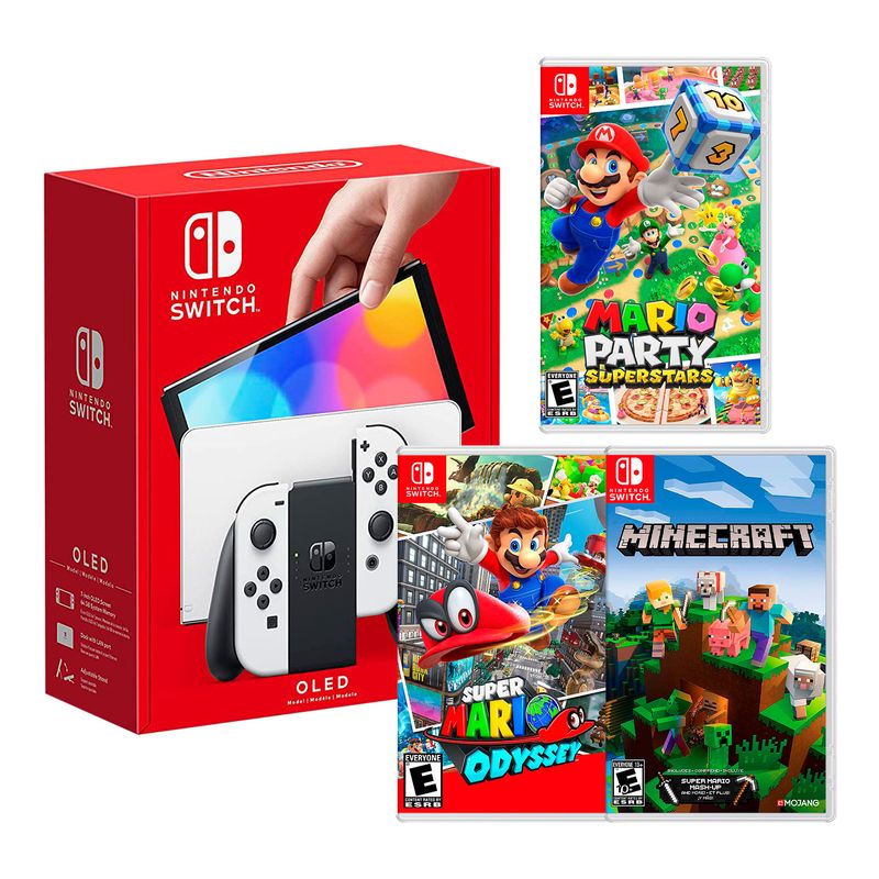 Consola-Nintendo-Switch-Modelo-Oled-Blanco---Mario-Party-Superstar---Mario-Odyssey---Minecraft