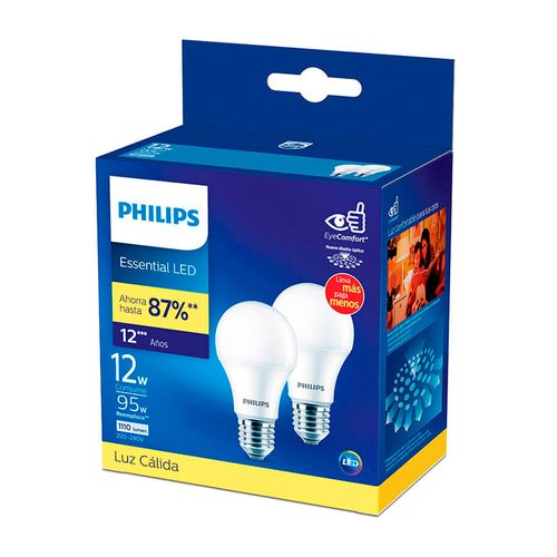 Foco LED Philips E27 12W Luz Cálida x 2 unidades