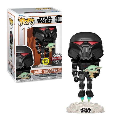 Funko Pop: STAR WARS- MANDALORIAN – Dark trooper w/child Grogu N° 488 Special Edition, Glows in the