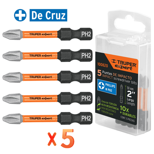 5 puntas de impacto para taladro atornillador, PhillipsPH2 x 2”,Truper