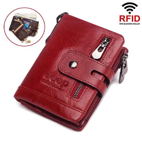 Billetera Hombre Cuero Genuino Jeep Monedero Protección Rfid - ROJO