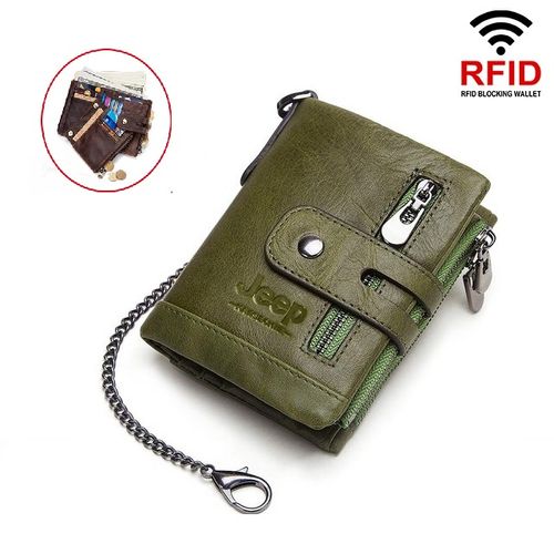 Billetera Hombre Cuero Genuino Jeep Monedero Protección Rfid - VERDE