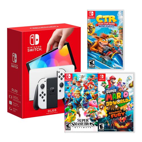 Consola Nintendo Switch Modelo Oled Blanco + Crash Team Racing + Super Smash bros + Mario 3D World