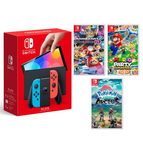 Consola Nintendo Switch Modelo Oled Neon + Mario Kart 8 + Mario Superstar + Pokémon Arceus