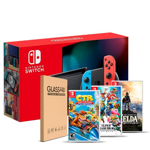 Consola Nintendo Switch Neon 2019 + Crash Racing + Smash + Zelda + Mica