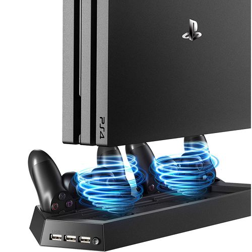 Soporte Vertical 4 en 1 Ventilador Cooler + Cargador de Mandos PS4