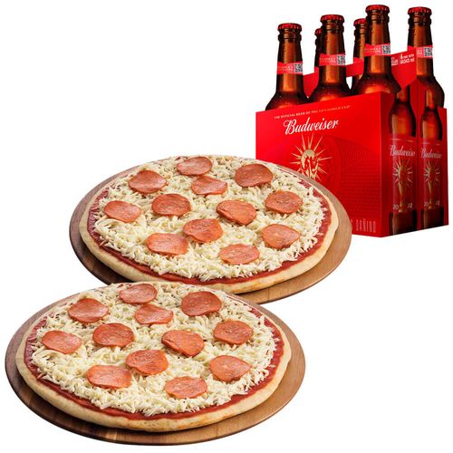 Pack Cerveza BUDWEISER 6 Pack Botella 343ml + Pizza Pepperoni Familiar LA FLORENCIA Paquete 2un