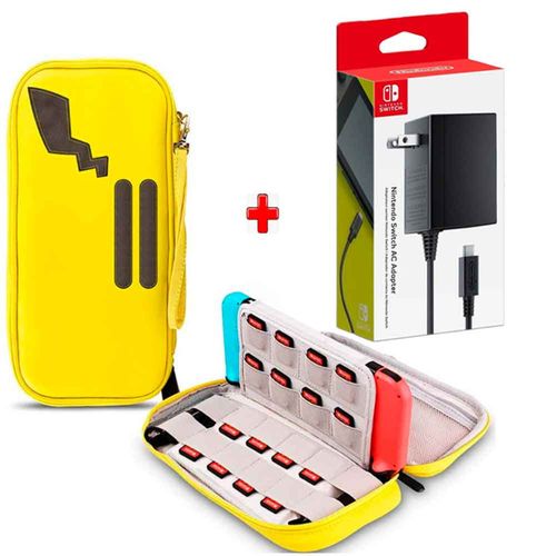 Pack Estuche para Nintendo Switch y Oled Pikachu y Cargador Original