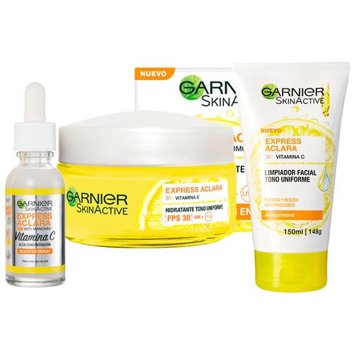 Pack GARNIER Crema Hidratante Express Aclara FPS30 50ml + Gel de Limpieza Express Aclara 150ml + Serum Express Aclara Frasco 30ml