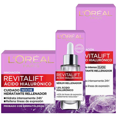 Pack L'OREÁL Crema Día Facial con Ácido Hialurónico Frasco 50ml + Crema Noche Frasco 50ml + Serum L'OREAL Revitalift Frasco 30ml