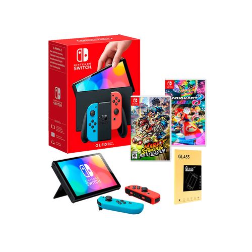 Consola Nintendo Switch Oled Neon + Mario Kart 8 + Mario Strikers + Mica