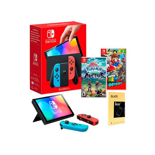 Consola Nintendo Switch Oled Neon + Pokemon Arcues + Mario Odyssey + Mica