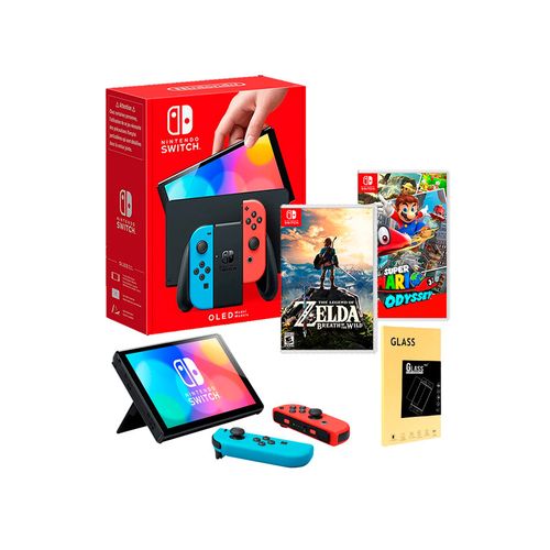 Consola Nintendo Switch Oled Neon + Mario Odyssey + Zelda Breath of the Wild + Mica