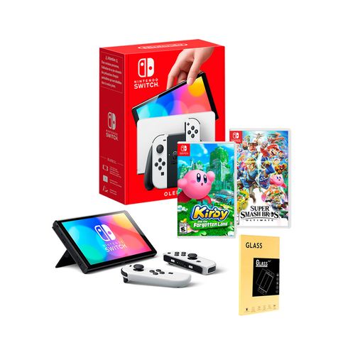 Consola Nintendo Switch Oled Blanco + Kirby and the Forgotten Land  + Smash Bros + Mica