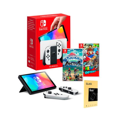 Consola Nintendo Switch Oled Blanco + Pokemon Arcues + Mario Odyssey + Mica