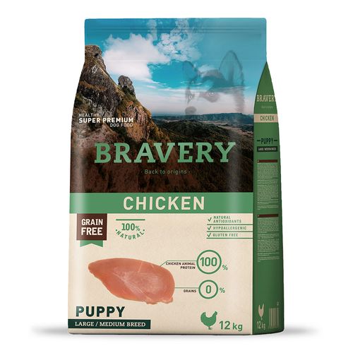 Comida para Perro Cachorro Razas Grandes Bravery Libre de Grano Pollo 12kg