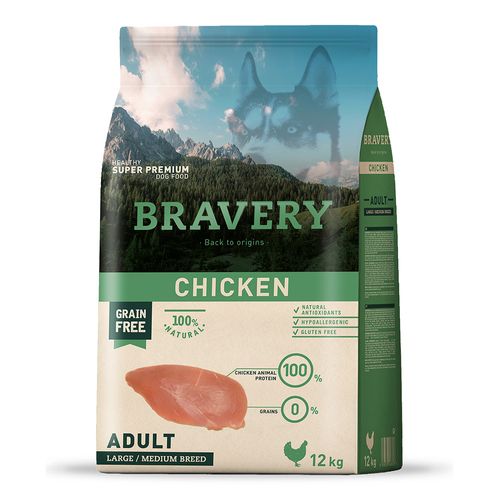 Comida para Perro Adulto Razas Grandes Bravery Libre de Grano Pollo 12kg