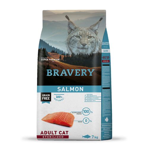 Comida para Gatos Adultos Esterilizados Bravery Libre de Granos Salmón 7kg