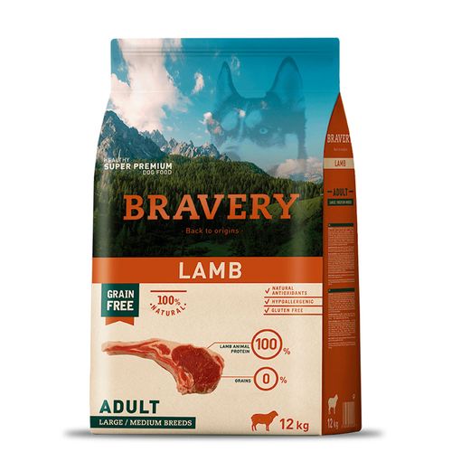 Comida para Perro Adulto Raza Grande Bravery Libre de Grano Cordero 12kg