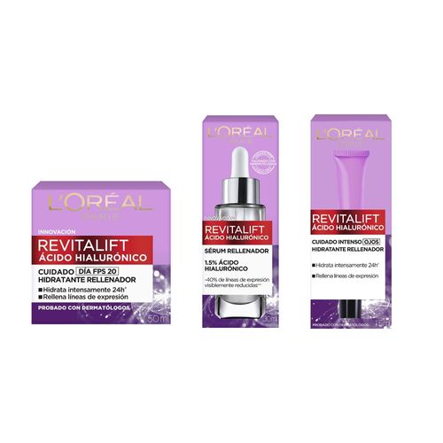 Pack L'OREÁL Crema Facial con Ácido Hialurónico Día Frasco 50ml + Revitalift Contorno Ojos Tubo 15ml + Serum Revitalift Frasco 30ml