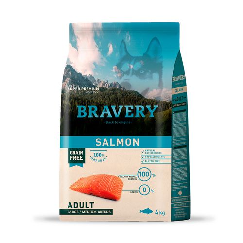 Comida para Perro Adulto Raza Grande Bravery Libre de Grano Salmón 4kg