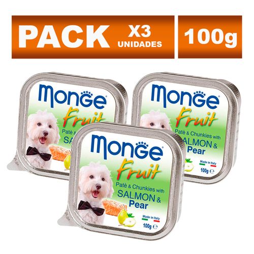Pack Paté en Lata para Perros Adultos Monge Fruit Salmón y Pera 100g 3un