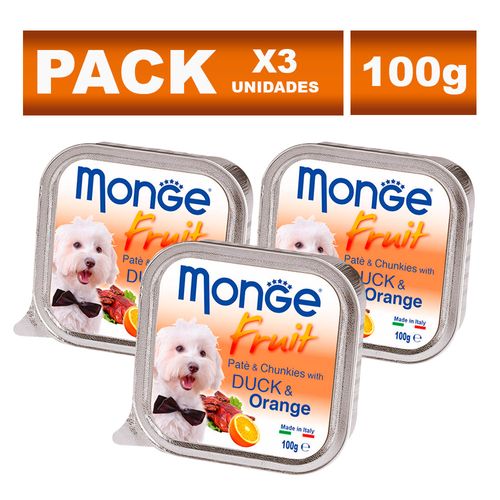 Pack Paté en Lata para Perros Adultos Monge Fruit Pato y Naranja 100g 3un