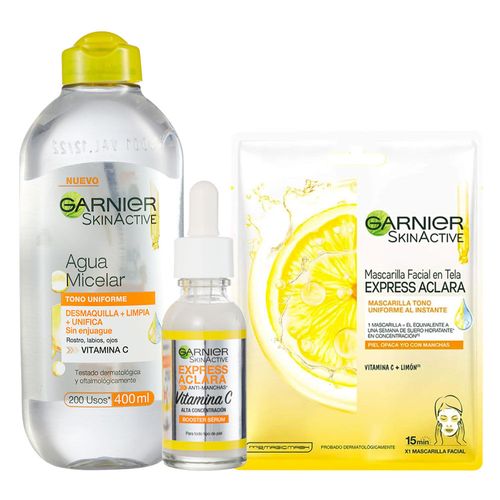 Pack GARNIER Mascarilla Facial de Tela Express Aclara 1un + Agua Micelar Express Aclara Frasco 400ml + Serum Express Aclara Frasco 30ml