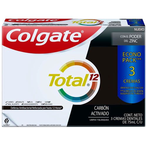 Pack Crema Dental COLGATE Total 12 Carbón Paquete 225ml