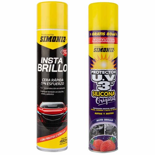 Kit Cera Rápida Insta Brillo SIMONIZ en Aerosol 480ml + Silicona Protector UV3 SIMONIZ Fresa