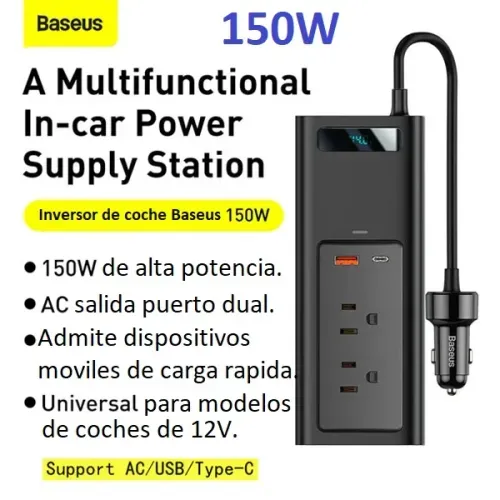 Inversor Coche Baseus 150W 220V (Enchufe CN/EU) Negro