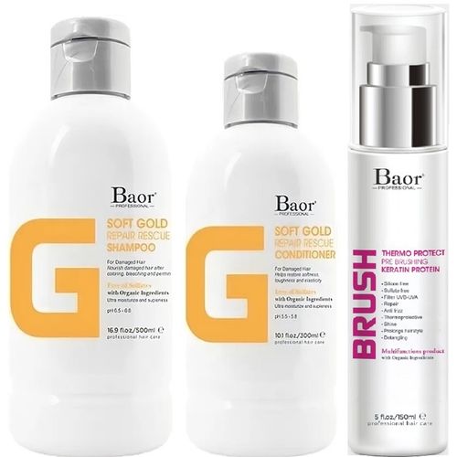 Shampoo Reparador + Acondicionador + Brush Baor G Soft Gold