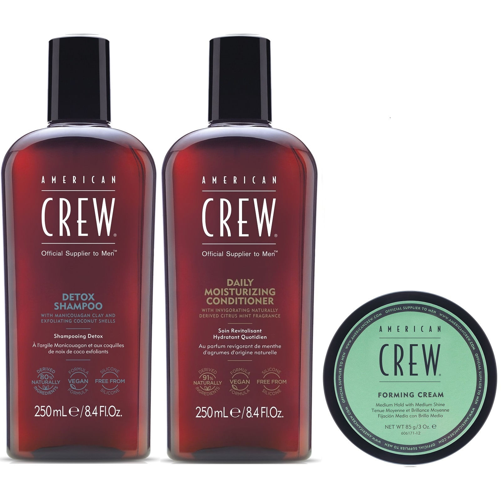 Shampoo Detox + Acondicionador + Cera Forming Cream American Crew Men