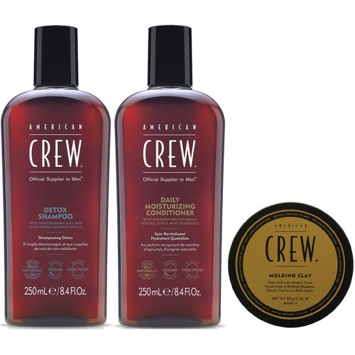 Shampoo Detox + Acondicionador + Cera Molding Clay American Crew Men