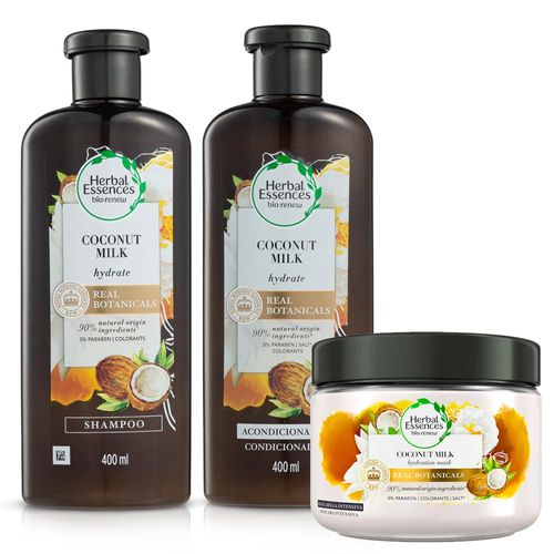 Pack HERBAL ESSENCES Shampoo Leche de Coco 400ml + Acondicionador Leche de Coco 400ml + Tratamiento Capilar Coconut Milk 300ml