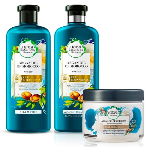 Pack HERBAL ESSENCES Acondicionador Argan Oil 400ml + Shampoo Aceite de Argán 400ml + Tratamiento Capilar Argan Oil 300ml