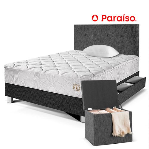 Dormitorio 3 Cajones PARAISO Pocket Max Charcoal 1.5 Plazas + Baúl + 1 Almohada + Protector