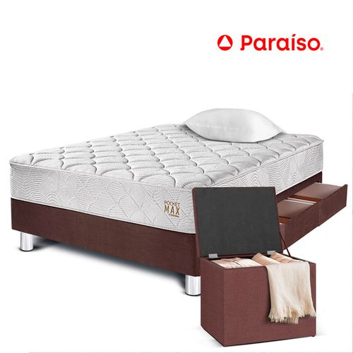 Cama Box Tarima 3 Cajones PARAISO Pocket Max Chocolate 1.5 Plazas + Baúl + 1 Almohada + Protector