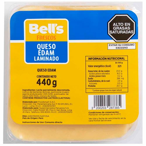 Queso Edam Laminado BELLS Paquete 440g