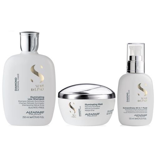 Shampoo Iluminador Sin Sal 250ml + Mascarilla + Crema Alfaparf Diamond