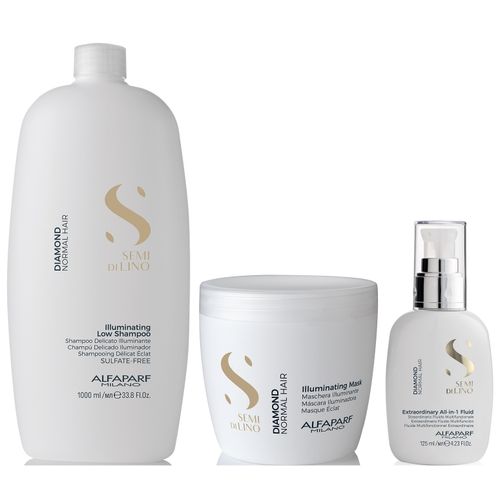 Shampoo Iluminador Sin Sal 1000ml + Mascarilla+ Crema Alfaparf Diamond