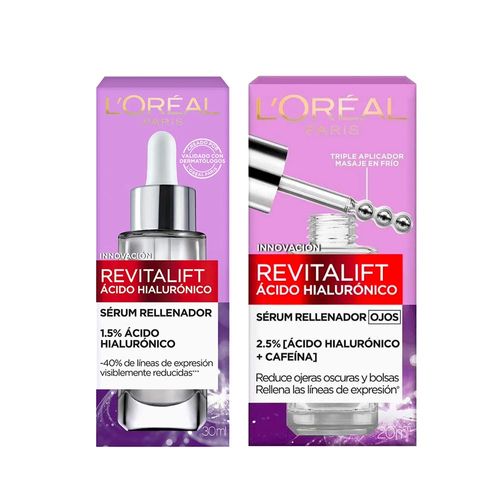 Pack L'OREAL Serum Hialurónico Revitalift 30ml + Serúm Rellenador Ojos con Ácido Hialurónico Frasco 20ml