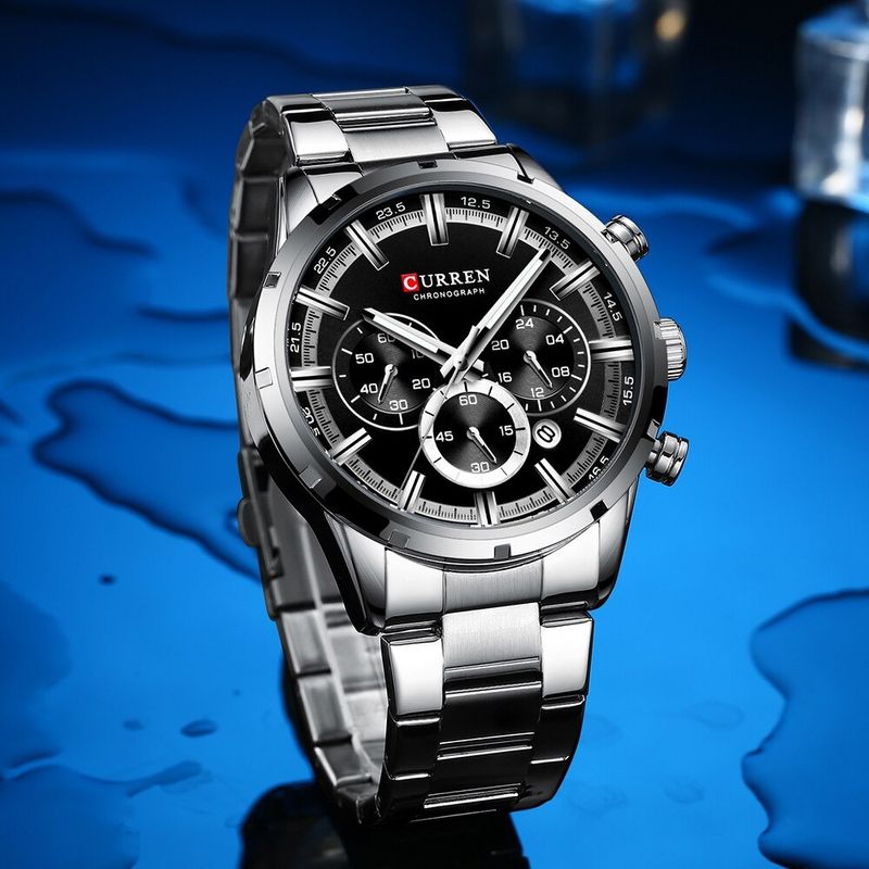 Reloj-Lujo-CURREN-8355-Negro-Plata-Cronografos-Cuarzo