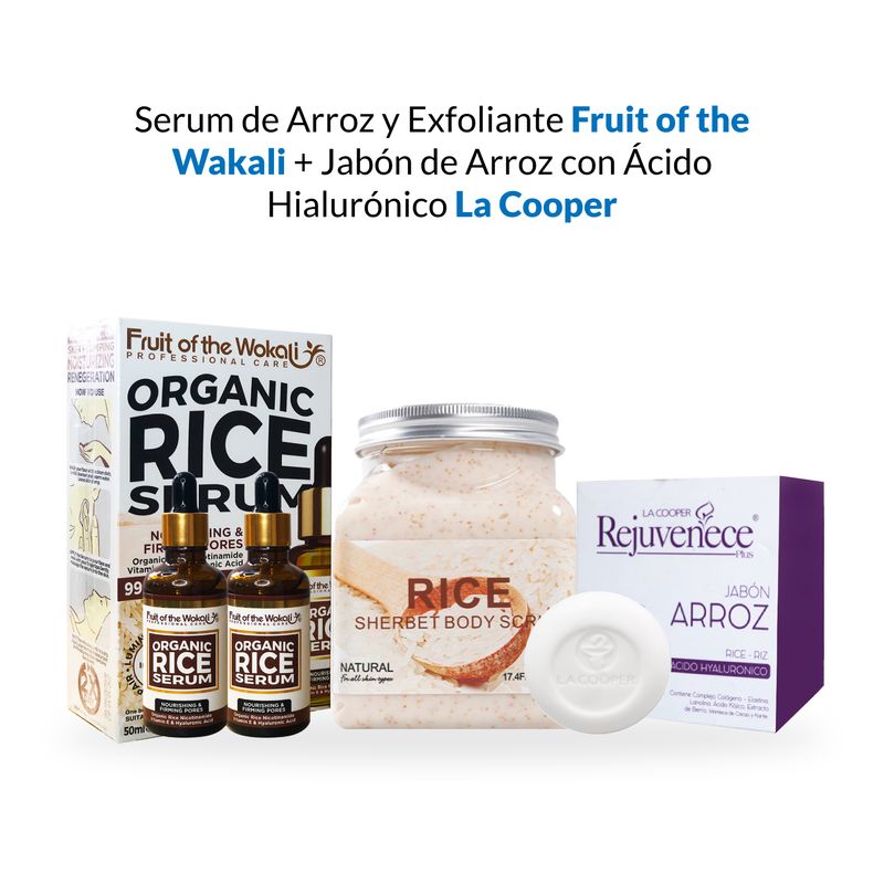 Serum-de-Arroz-Organico-x2-Botellas---Exfoliante-Corporal-de-Arroz----Jabon-de-Arroz-con-Acido-Hialuronico